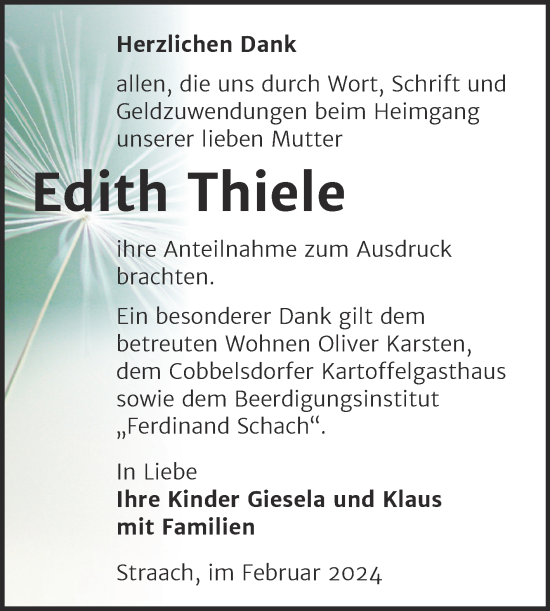 Traueranzeige von Edith Thiele von Trauerkombi Wittenberg