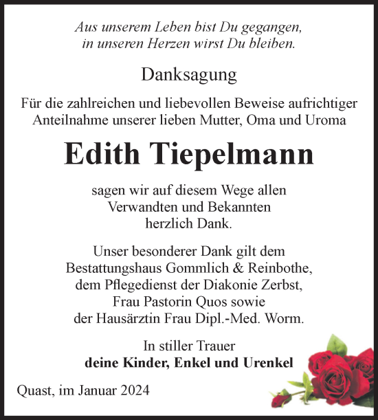 Traueranzeige von Edith Tiepelmann von Volksstimme Zerbst