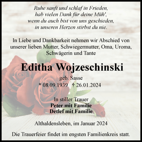 Traueranzeige von Editha Wojzeschinski von Volksstimme Haldensleben/Wolmirstedt