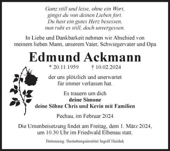 Traueranzeige von Edmund Ackmann von Volksstimme Magdeburg