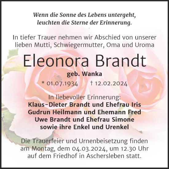 Traueranzeige von Eleonora Brandt von Trauerkombi Aschersleben