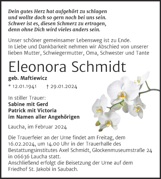 Traueranzeige von Eleonora Schmidt von Super Sonntag Naumburg/Nebra