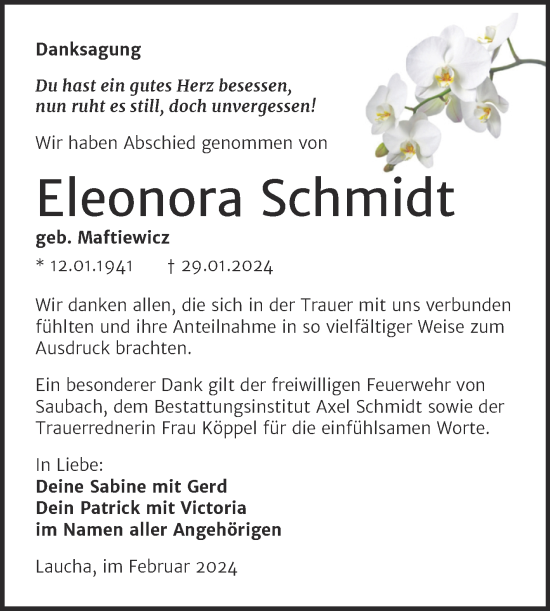 Traueranzeige von Eleonora Schmidt von Super Sonntag Naumburg/Nebra