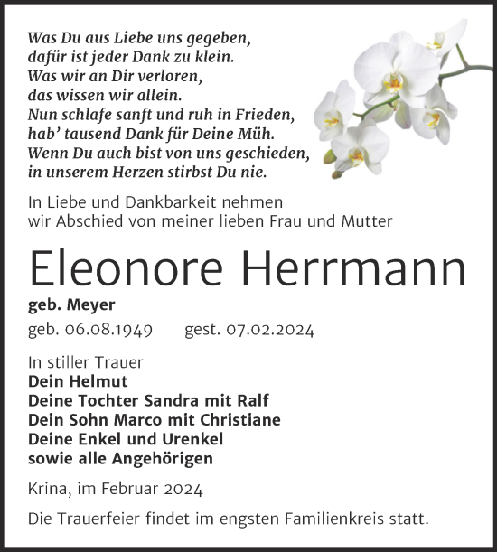 Traueranzeige von Eleonore Herrmann von Trauerkombi Bitterfeld