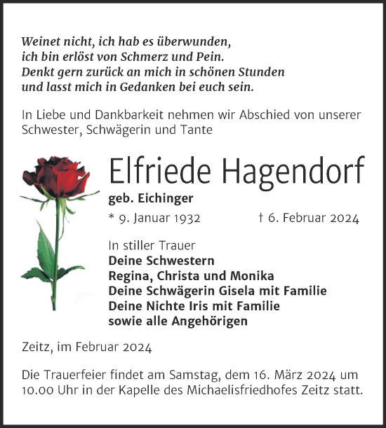 Traueranzeige von Elfriede Hagendorf von Trauerkombi Zeitz