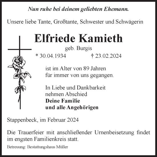 Traueranzeige von Elfriede Kamieth von Volksstimme Altmark West