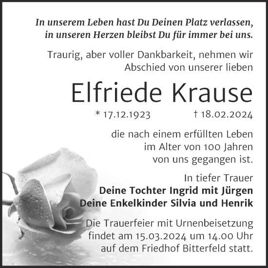 Traueranzeige von Elfriede Krause von Trauerkombi Bitterfeld
