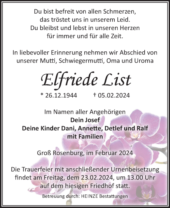 Traueranzeige von Elfriede List von Volksstimme Schönebeck