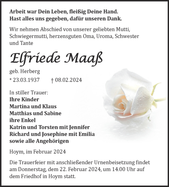 Traueranzeige von Elfriede Maaß von Trauerkombi Aschersleben