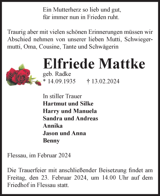 Traueranzeige von Elfriede Mattke von Volksstimme Altmark Ost