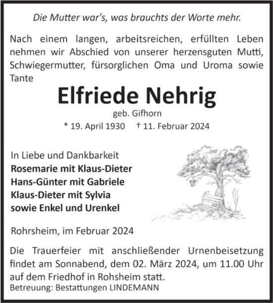 Traueranzeige von Elfriede Nehrig von Volksstimme Halberstadt