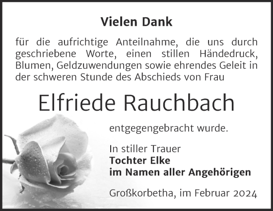 Traueranzeige von Elfriede Rauchbach von Mitteldeutsche Zeitung Weißenfels