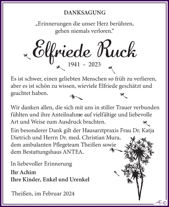 Traueranzeige von Elfriede Ruck von Trauerkombi Zeitz