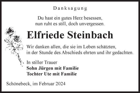 Traueranzeige von Elfriede Steinbach von Volksstimme Schönebeck
