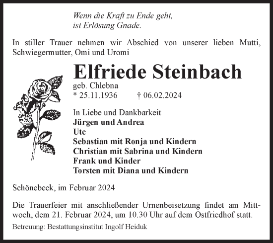 Traueranzeige von Elfriede Steinbach von Volksstimme Schönebeck