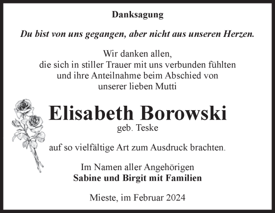 Traueranzeige von Elisabeth Borowski von Volksstimme Altmark West