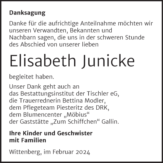 Traueranzeige von Elisabeth Junicke von Trauerkombi Wittenberg