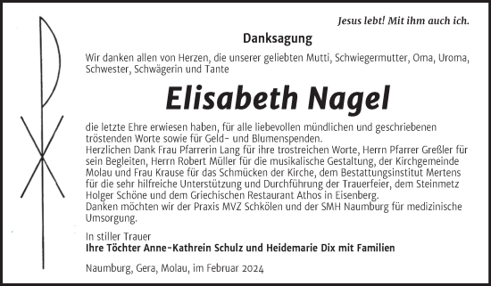 Traueranzeige von Elisabeth Nagel von Super Sonntag Naumburg/Nebra