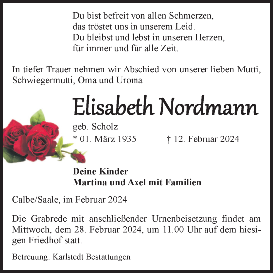 Traueranzeige von Elisabeth Nordmann von Volksstimme Schönebeck