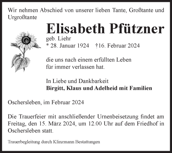 Traueranzeige von Elisabeth Pfützner von Volksstimme Oschersleben/Wanzleben