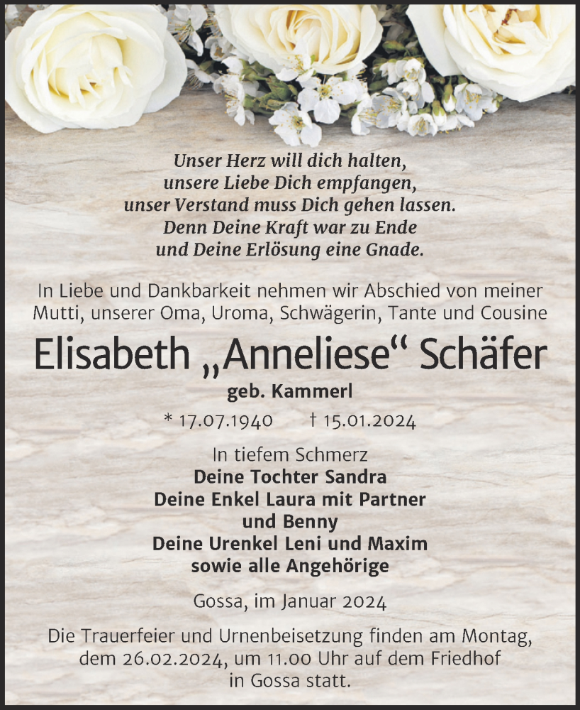  Traueranzeige für Elisabeth Schäfer vom 10.02.2024 aus Trauerkombi Bitterfeld