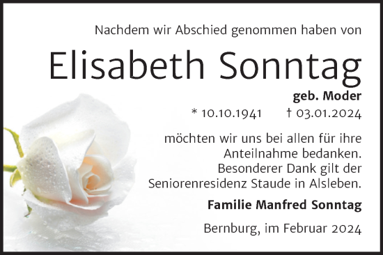 Traueranzeige von Elisabeth Sonntag von Trauerkombi Bernburg
