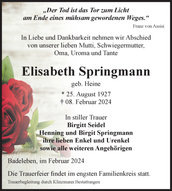 Traueranzeige von Elisabeth Springmann von Volksstimme Oschersleben/Wanzleben