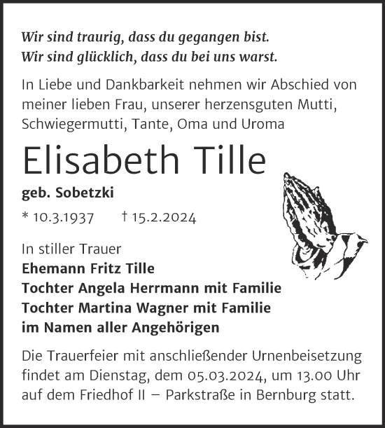 Traueranzeige von Elisabeth Tille von Trauerkombi Bernburg