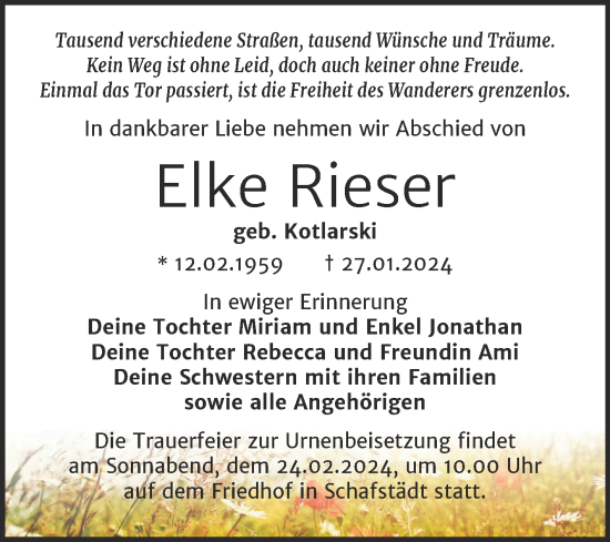 Traueranzeige von Elke Rieser von Trauerkombi Merseburg