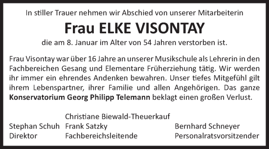 Traueranzeige von Elke Visontay von Volksstimme Magdeburg