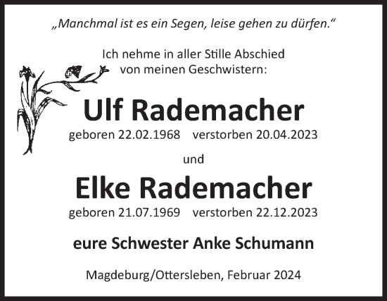 Traueranzeige von Elke und Ulf Rademacher von Volksstimme Burg/Genthin