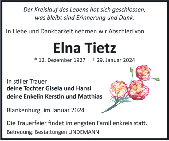 Traueranzeige von Elna Tietz von Volksstimme Wernigerode