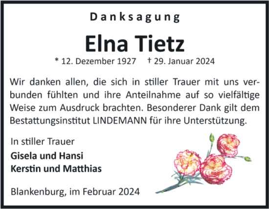 Traueranzeige von Elna Tietz von Volksstimme Wernigerode