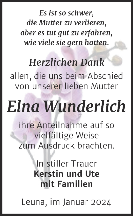 Traueranzeige von Elna Wunderlich von Trauerkombi Merseburg