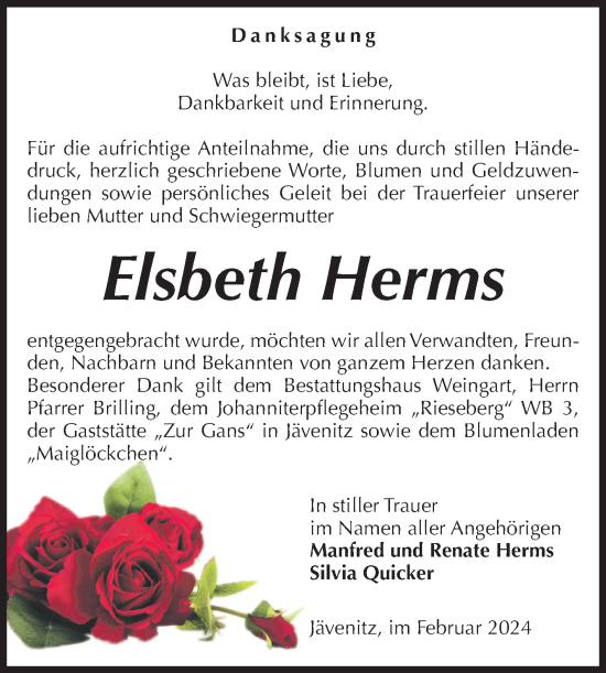 Traueranzeige von Elsbeth Herms von Volksstimme Altmark West