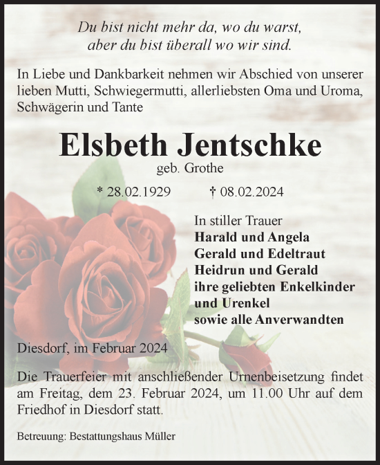 Traueranzeige von Elsbeth Jentschke von Volksstimme Altmark West