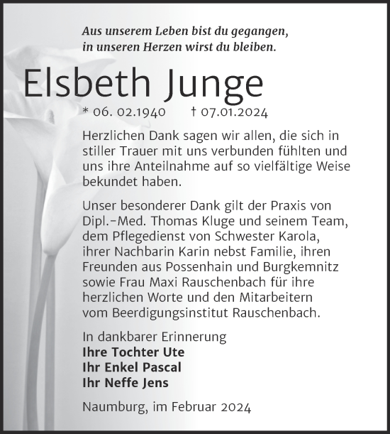 Traueranzeige von Elsbeth Junge von Naumburger Tageblatt