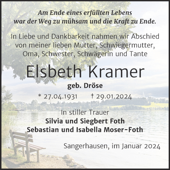 Traueranzeige von Elsbeth Kramer von Trauerkombi Sangerhausen