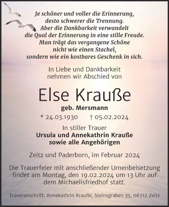 Traueranzeige von Else Krauße von Trauerkombi Zeitz
