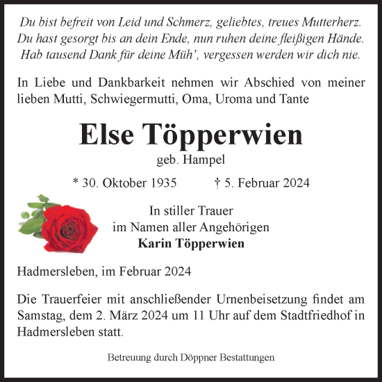 Traueranzeige von Else Töpperwien von Volksstimme Oschersleben/Wanzleben