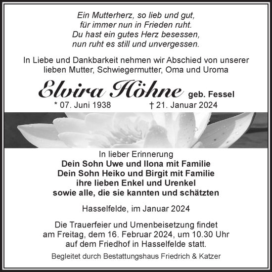 Traueranzeige von Elvira Höhne von Volksstimme Wernigerode