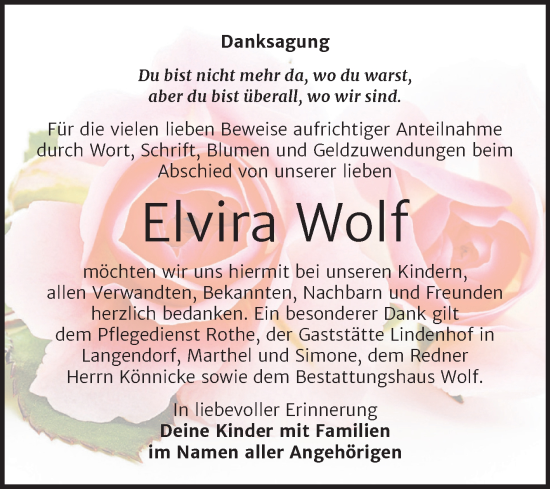 Traueranzeige von Elvira Wolf von Trauerkombi Weißenfels