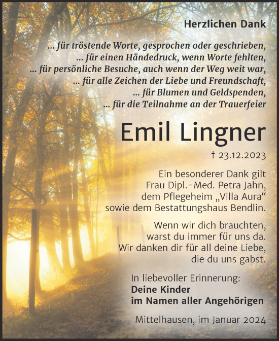 Traueranzeige von Emil Lingner von Trauerkombi Sangerhausen