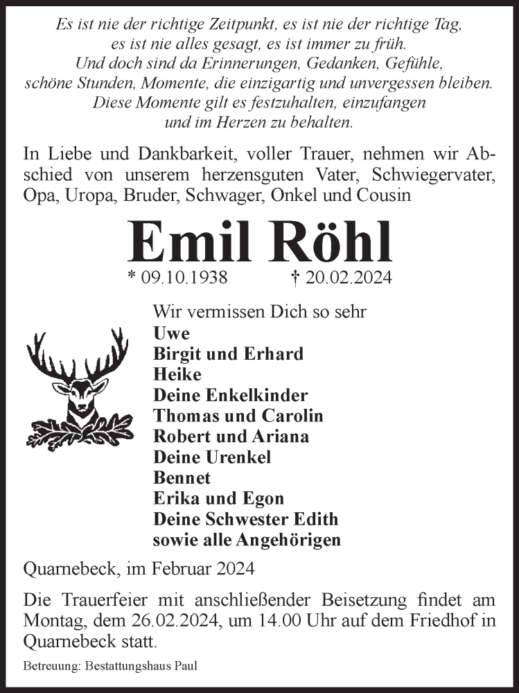  Traueranzeige für Emil Röhl vom 23.02.2024 aus Volksstimme Altmark West