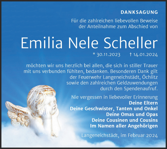 Traueranzeige von Emilia Nele Scheller von Trauerkombi Merseburg