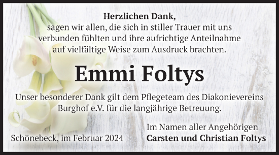 Traueranzeige von Emmi Foltys von Volksstimme Schönebeck