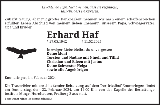 Traueranzeige von Erhard Haf von Volksstimme Oschersleben/Wanzleben