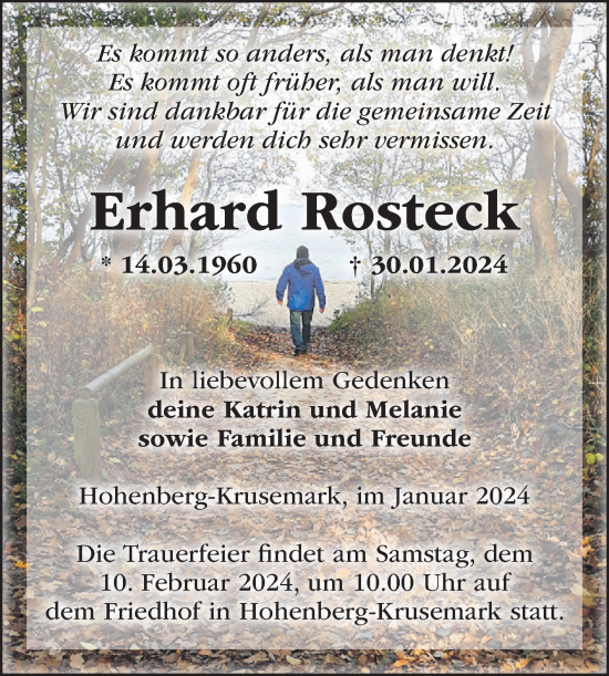 Traueranzeige von Erhard Rosteck von Volksstimme Altmark Ost