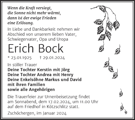 Traueranzeige von Erich Bock von Trauerkombi Merseburg