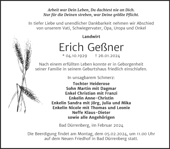 Traueranzeige von Erich Geßner von Trauerkombi Merseburg